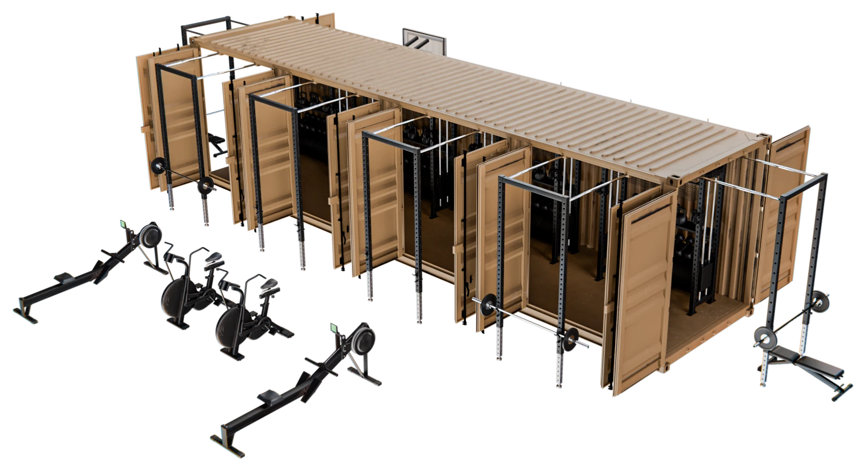 FORCES Rapid-40 deployable human-performance system shown open with external racks, rowers and bikes