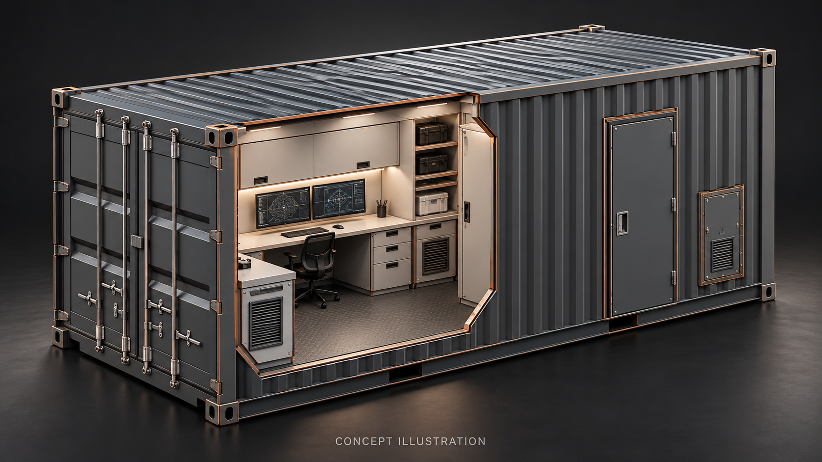 Concept illustration of a containerised workspace with cabinets, a workbench and access doors.