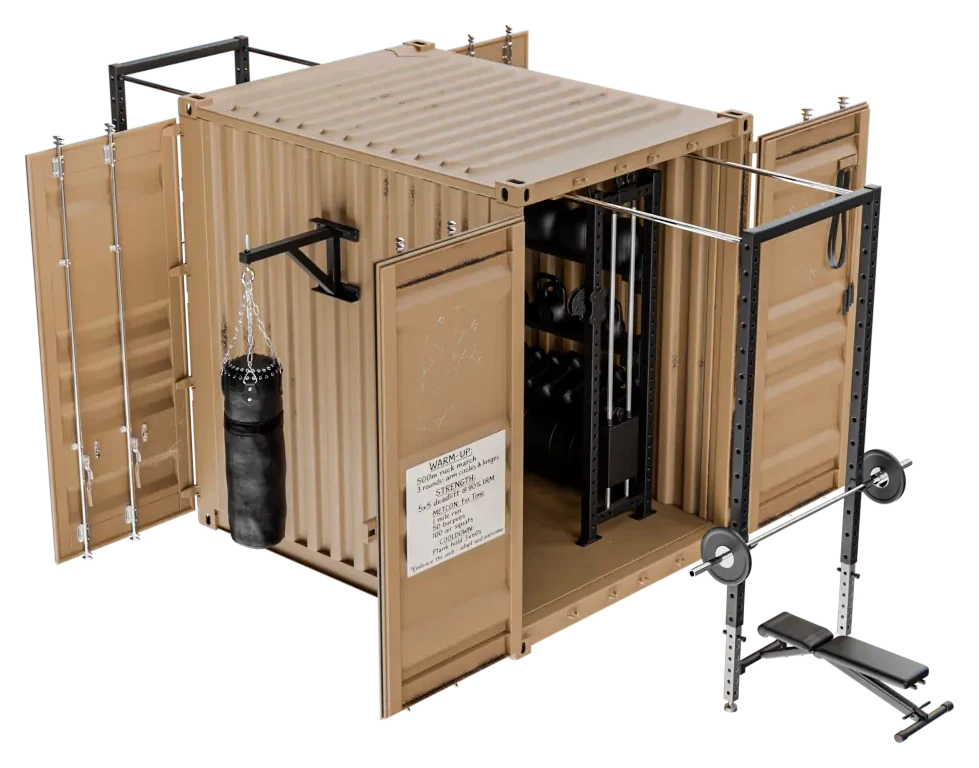 FORCES Rapid-10 deployable human-performance system shown open with rack, bench, barbell and suspended bag