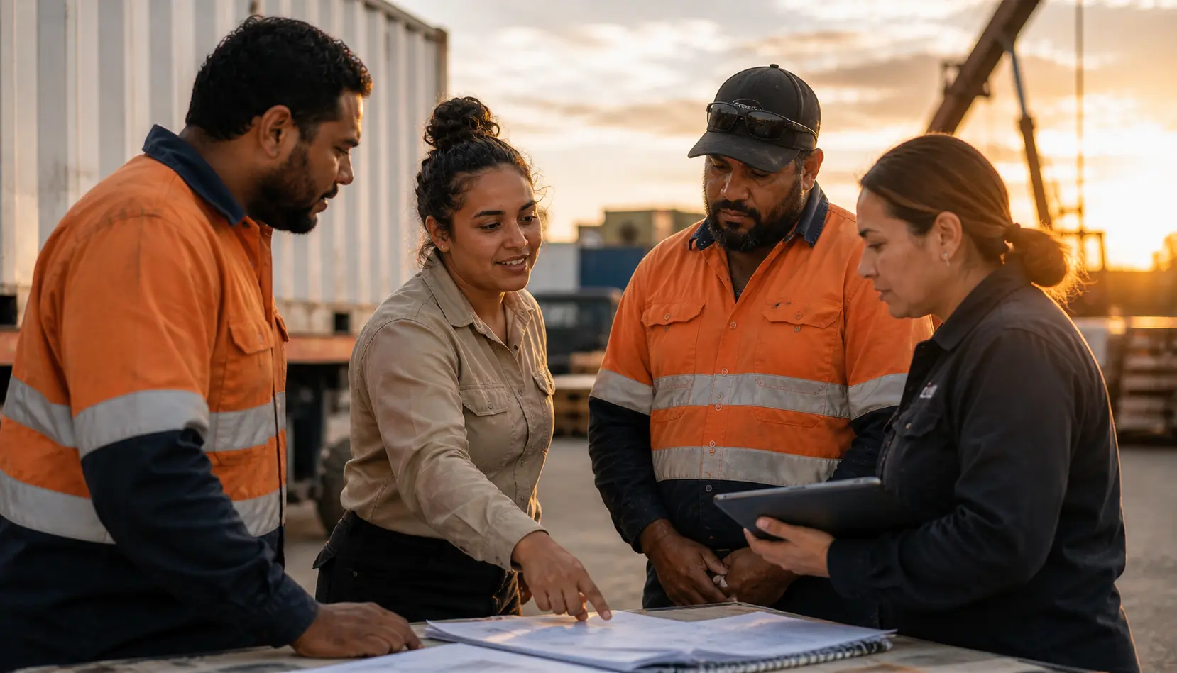 Project team reviewing plans in an industrial operating environment