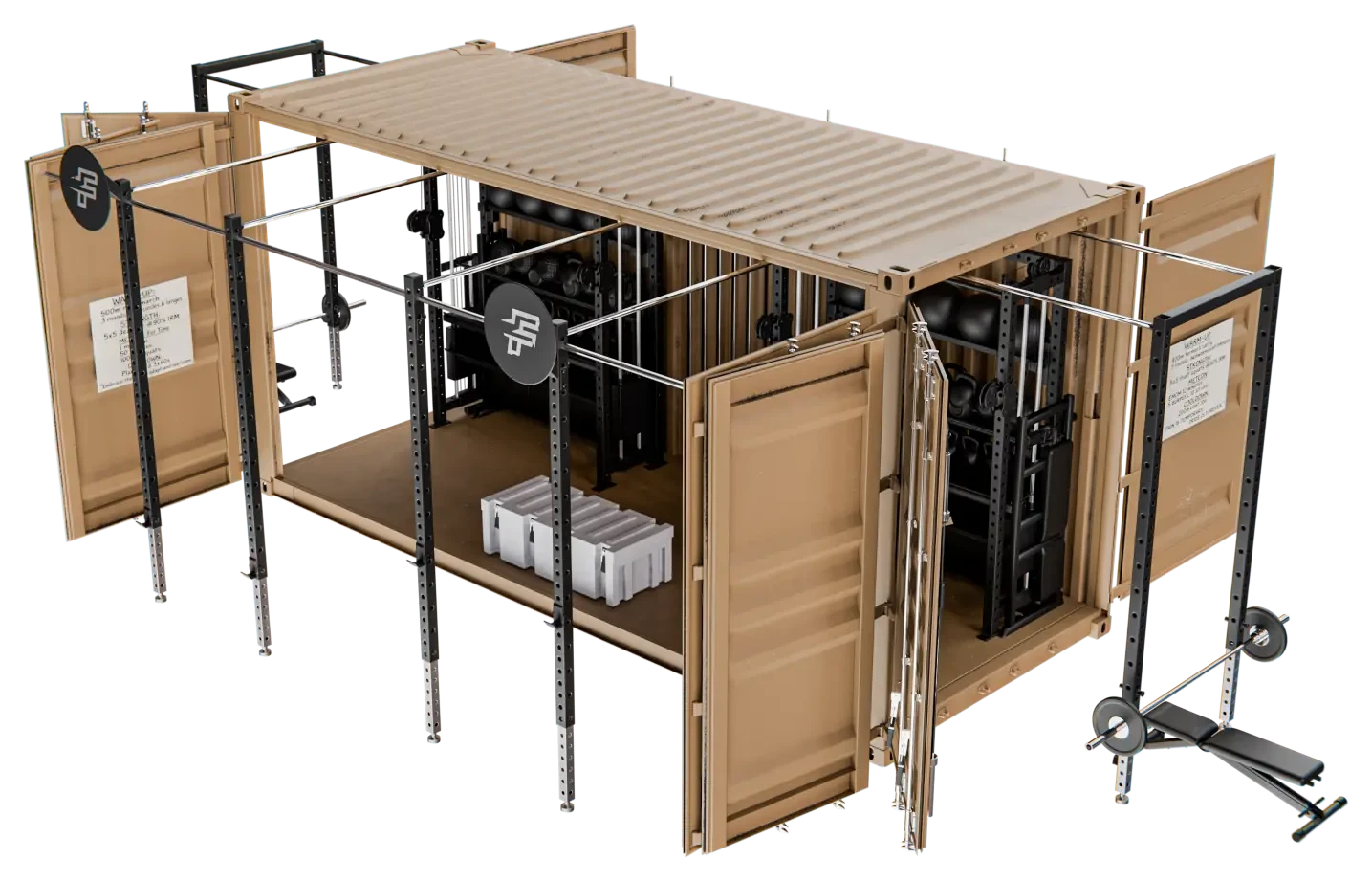 FORCES Rapid-20 deployable human-performance system shown open with external racks, internal storage and bench