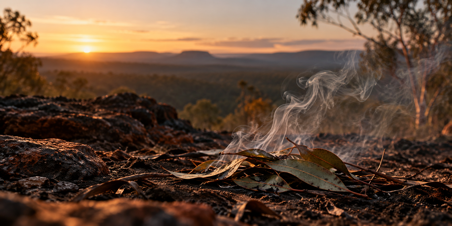 Fine smoke rising from dried eucalyptus leaves on darkened ground, with sunrise over eucalyptus woodland and distant hills on Country